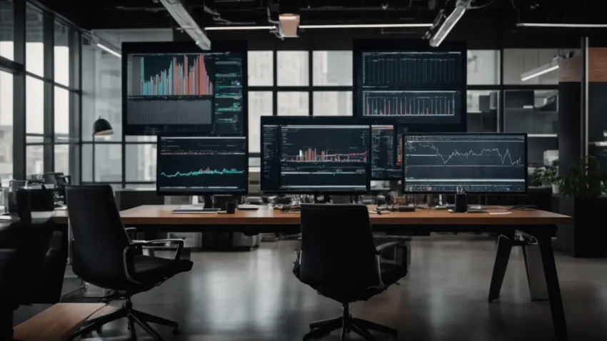a modern office with multiple computer screens displaying graphs and charts, highlighting an organized workflow.