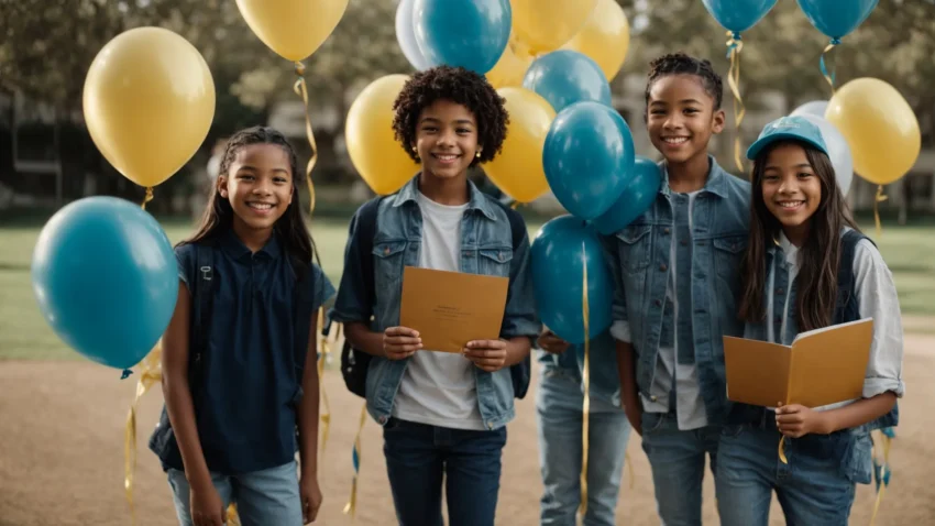 a group of smiling middle school students, holding certificates, stands on a stage decorated with blue and gold balloons.