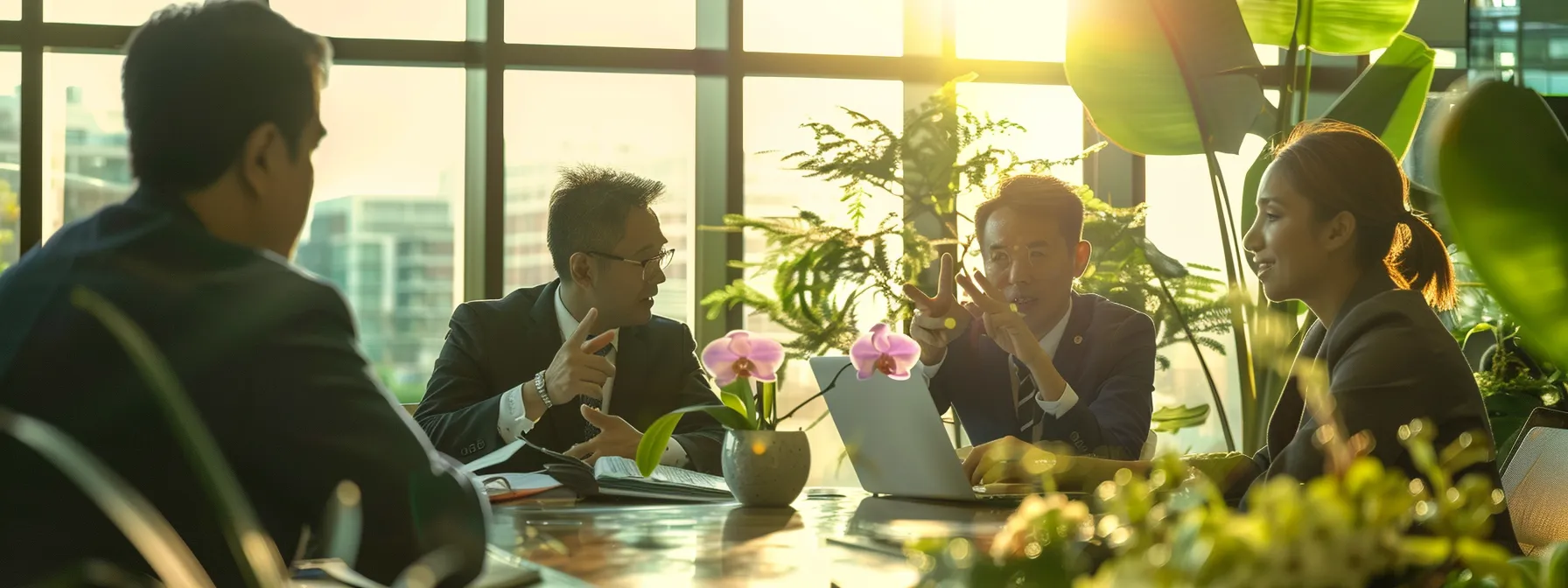 business professionals gathered around a table, pointing to a large anchor and discussing the benefits of artificial orchids versus real orchids for health and environmental considerations.
