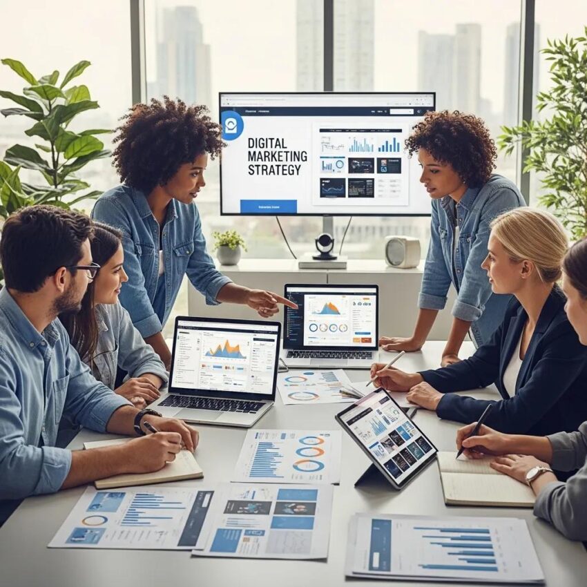 Diverse professionals collaborating on digital marketing strategies in a modern office