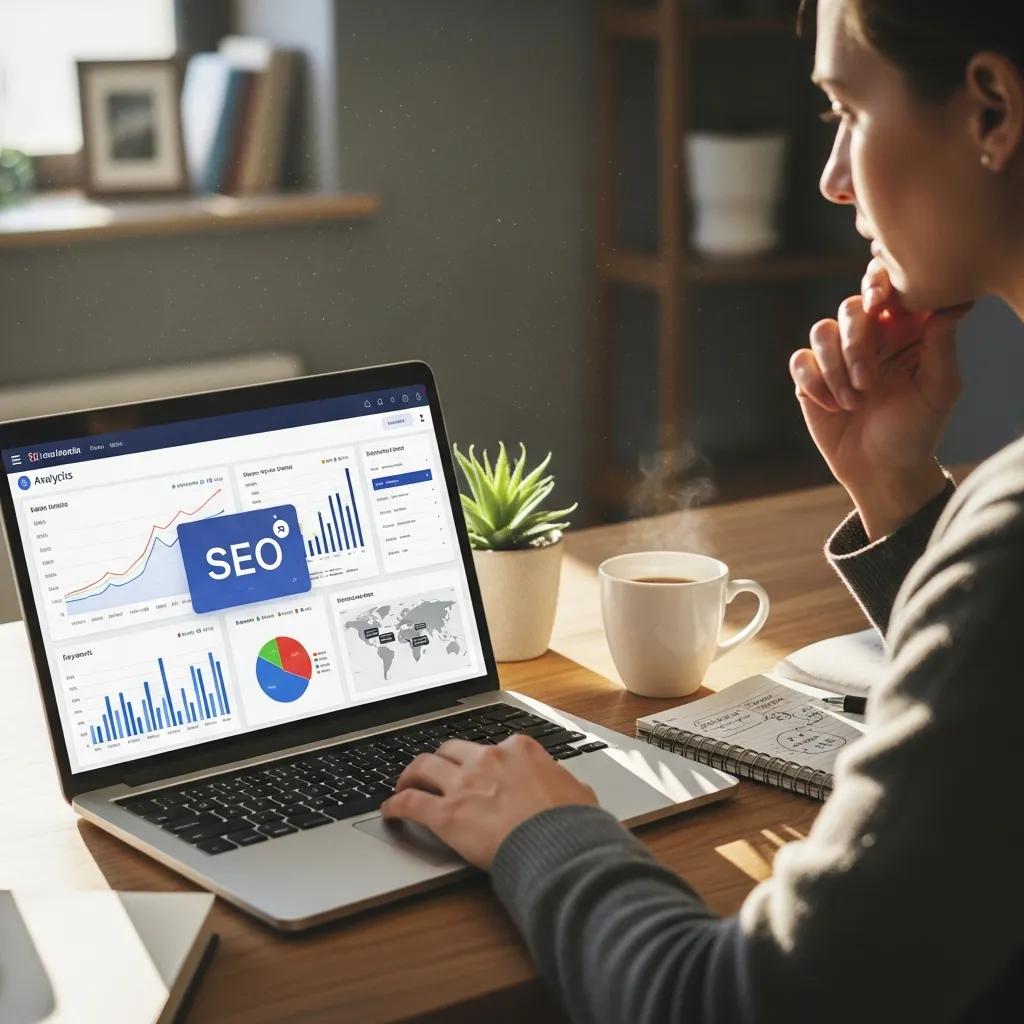 Person analyzing website analytics to improve SEO visibility in a cozy workspace