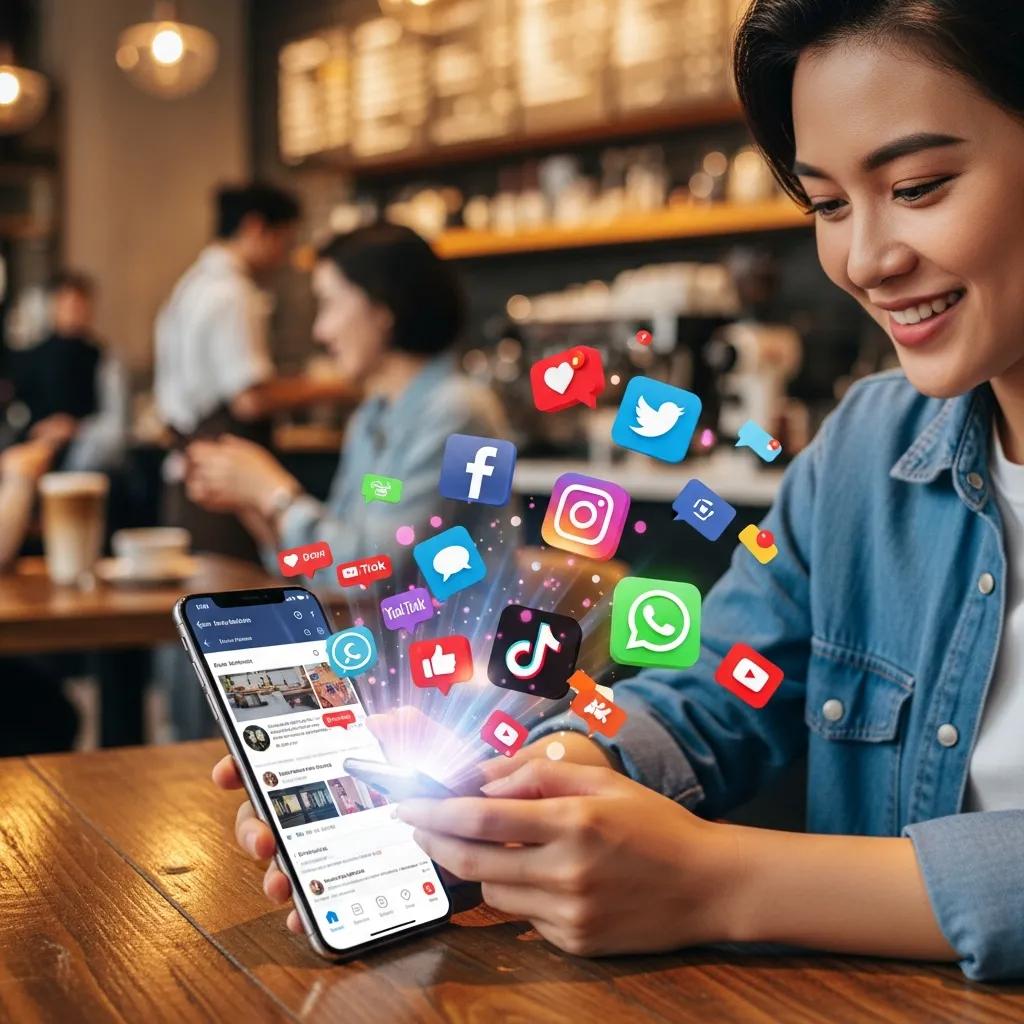 Person engaging with social media on a smartphone in a vibrant café setting