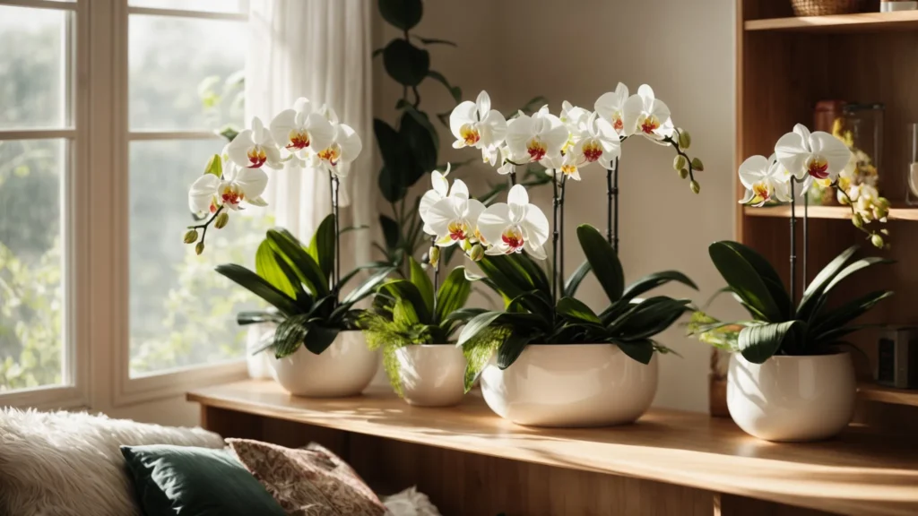 a bright living room adorned with both artificial and real orchid plants on opposite sides of a wooden shelf, bathed in natural sunlight.