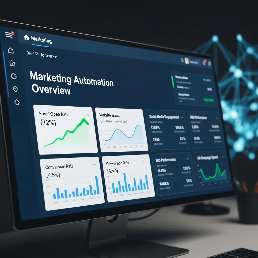 Digital marketing dashboard showcasing various marketing automation tools and analytics