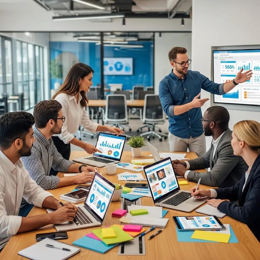 Diverse professionals collaborating on digital marketing strategies in a modern office