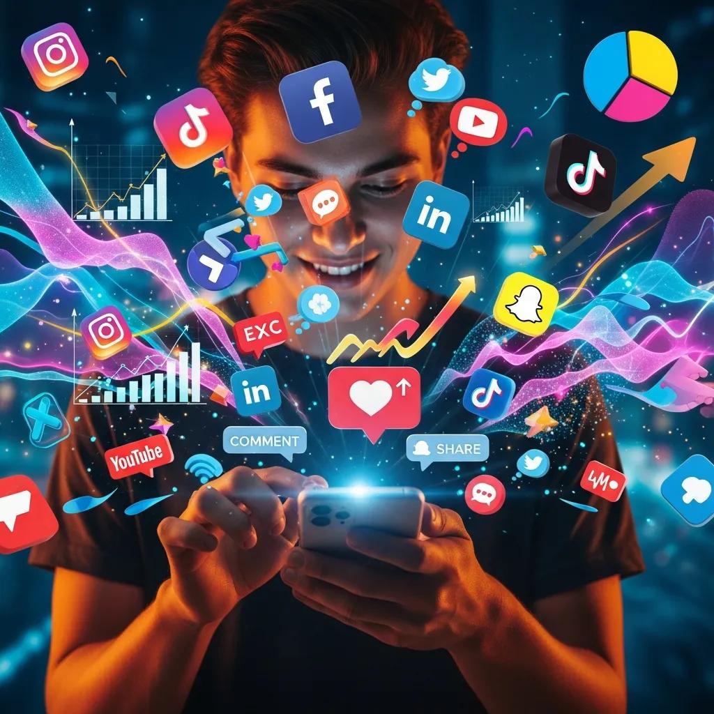 Person engaging with social media on a smartphone surrounded by social media icons
